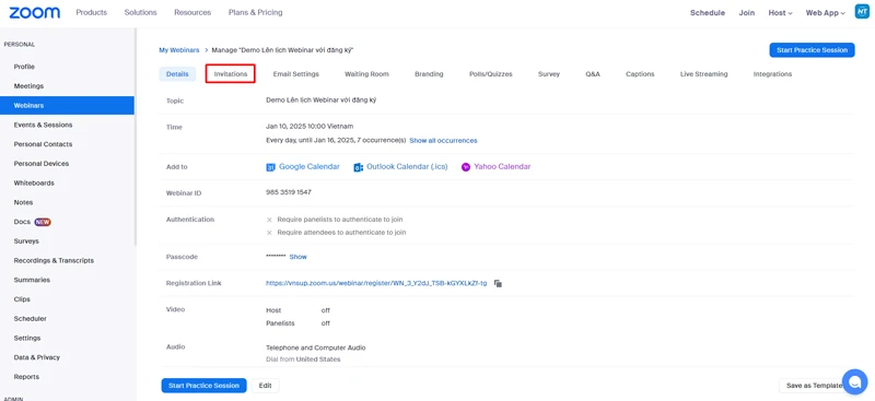  Bước 1: Sau khi đã lên lịch cho hội thảo trên web, hãy cuộn xuống cuối trang chi tiết hội thảo trên web và nhấp vào tab Invitations.