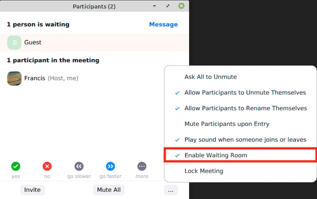 Nhấn vào More [Thêm] và chọn Put in Waiting Room [Đưa vào phòng chờ] để bật hoặc tắt tính năng.