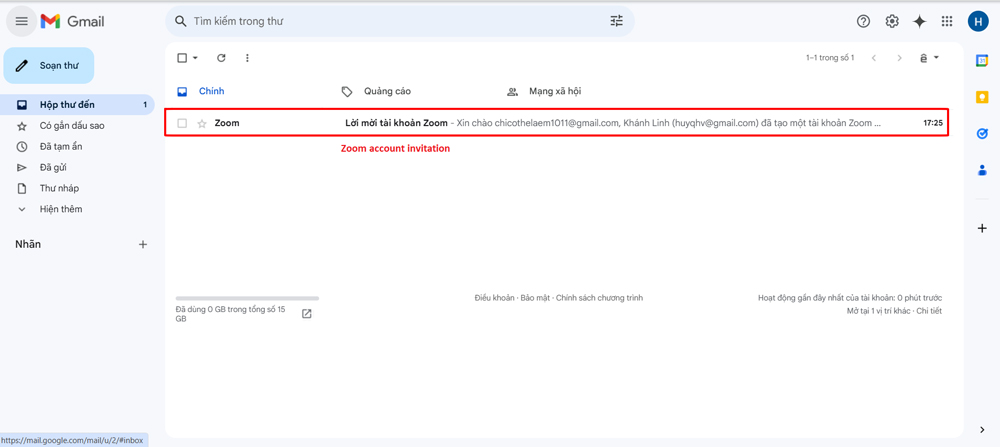 Bước 1: Tìm và mở mail xác nhận lời mời nâng cấp của Zoom – Zoom account invitation.
