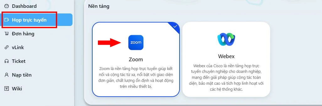 Tại thanh menu bên trái chọn Họp trực tuyến -> Nền tảng Zoom