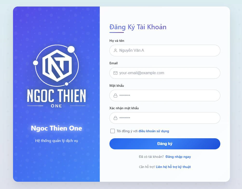 Tiếp theo, nhập Họ và tên, email, mật khẩu, tick chọn Tôi đồng ý với điều khoản sử dụng, rồi nhấn Đăng ký để hoàn tất.