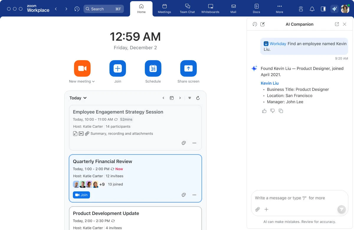 Sử dụng Workday trong Zoom AI Companion