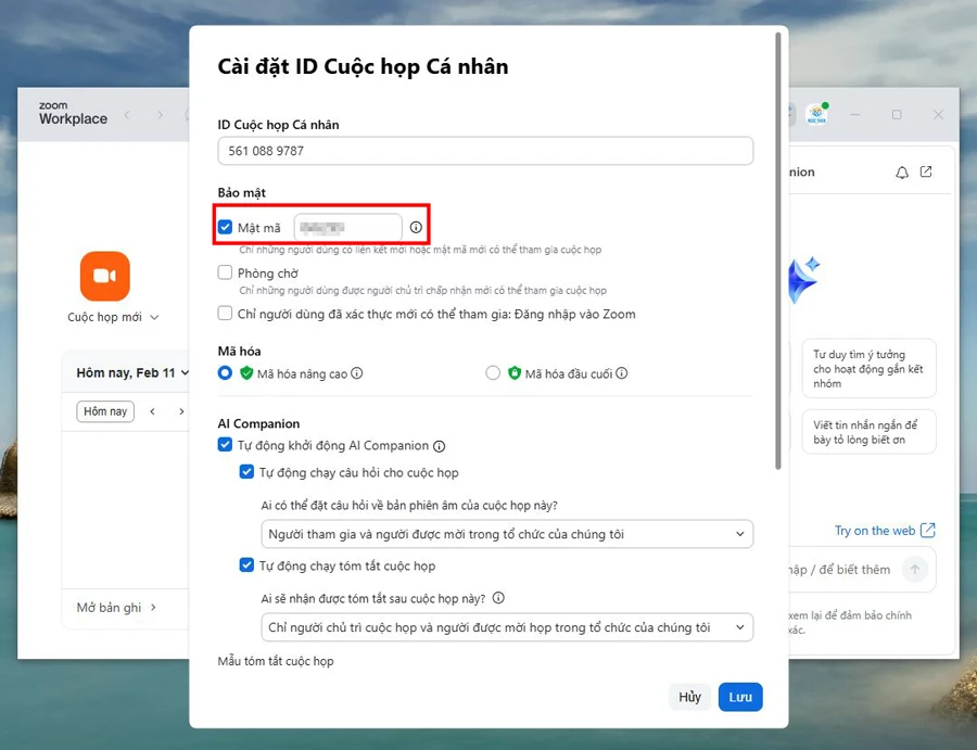 Tại ô Mật mã/Passcode → xóa mật mã cũ → nhập mật mã mới theo nhu cầu.