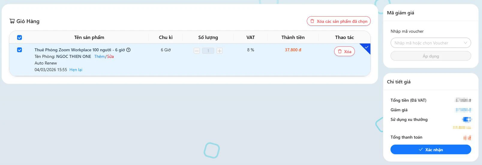 Sau khi nhấp chọn nút Khởi tạo ở bước 3, hệ thống sẽ chuyển sang giao diện Giỏ hàng, tại đây, bạn hãy kiểm tra lại toàn bộ thông tin để đảm bảo đã chính xác. Sau đó, nhấp vào nút Xác nhận để tiếp tục.
