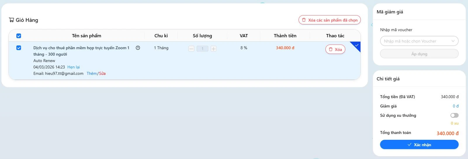 Tại giao diện giỏ hàng, nháp vào Xác nhận.
