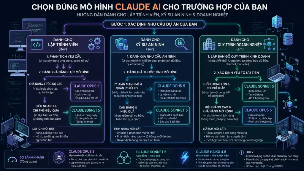 Sơ đồ quyết định lựa chọn dòng mô hình Claude AI theo đặc thù công việc.