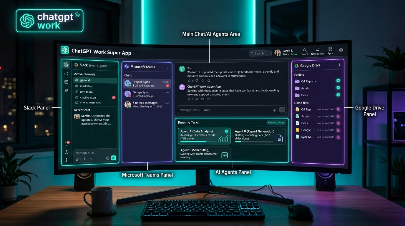 Giao diện làm việc siêu ứng dụng doanh nghiệp ChatGPT Work kết nối Slack Teams và Google Drive giúp tìm hiểu sâu về GPT-5.6