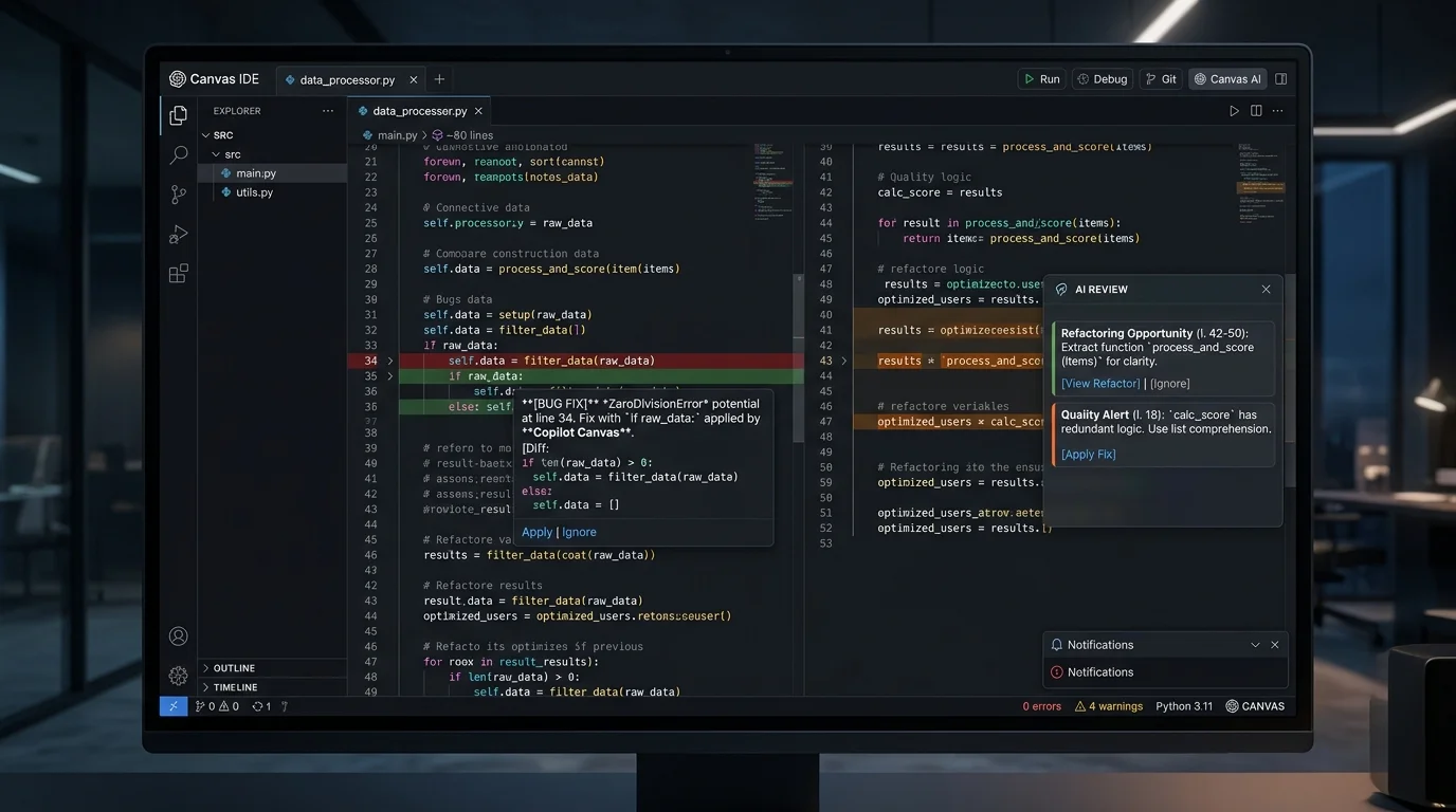 Giao diện hỗ trợ viết mã lập trình debug và refactor code trên OpenAI Canvas