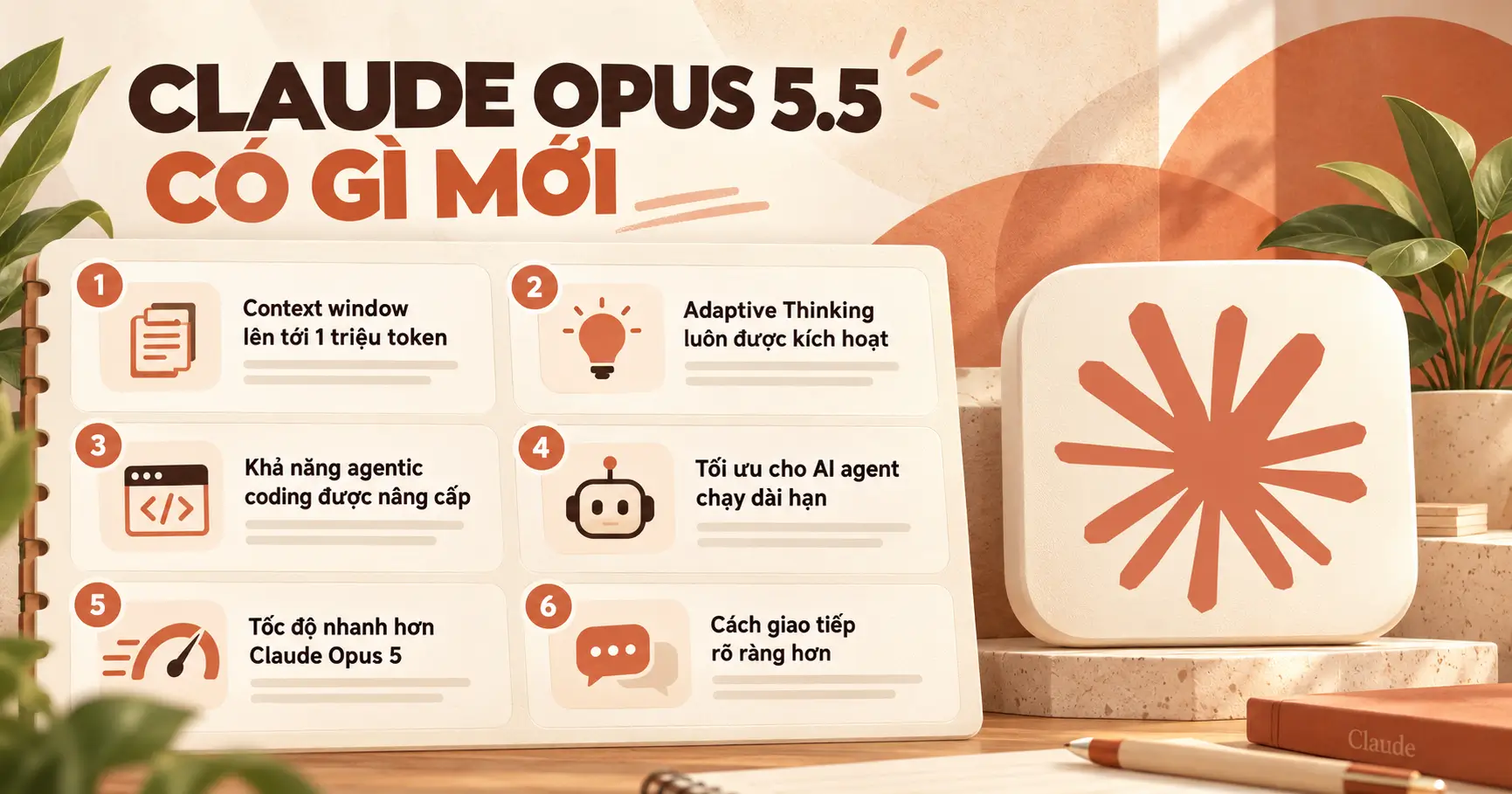 Claude Opus 5.5 có gì mới với 6 nâng cấp gồm context 1 triệu token, Adaptive Thinking, agentic coding, AI agent dài hạn, tốc độ nhanh hơn và giao tiếp rõ ràng hơn.