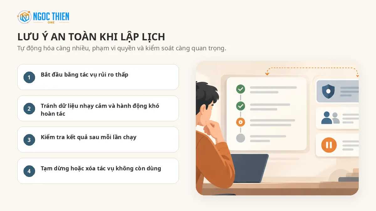 Lưu ý an toàn khi dùng Claude Scheduled Tasks.