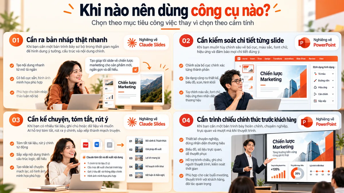 Minh họa các tình huống nên chọn Claude Slides hoặc PowerPoint