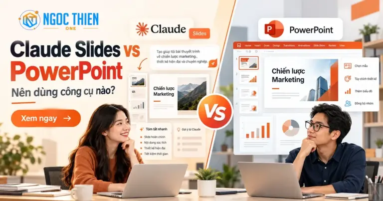 Minh họa so sánh Claude Slides và PowerPoint trong môi trường làm việc văn phòng