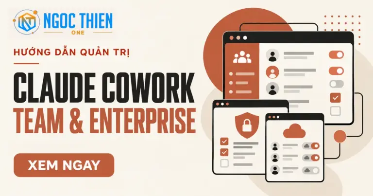 Ảnh đại diện bài hướng dẫn quản trị Claude Cowork trên Team và Enterprise, có logo Ngọc Thiên One, hình minh họa bảng phân quyền và nút Xem ngay.