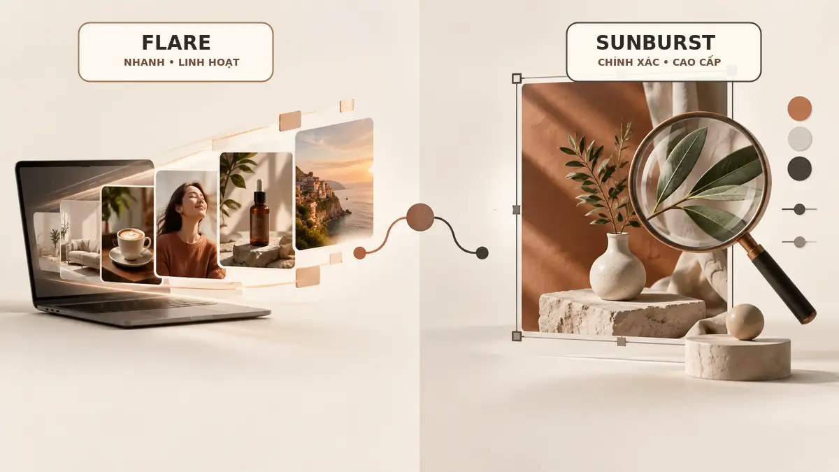 Flare phù hợp quy trình nhanh và quy mô lớn; Sunburst hướng đến các tác vụ sáng tạo cao cấp cần kiểm soát chặt.