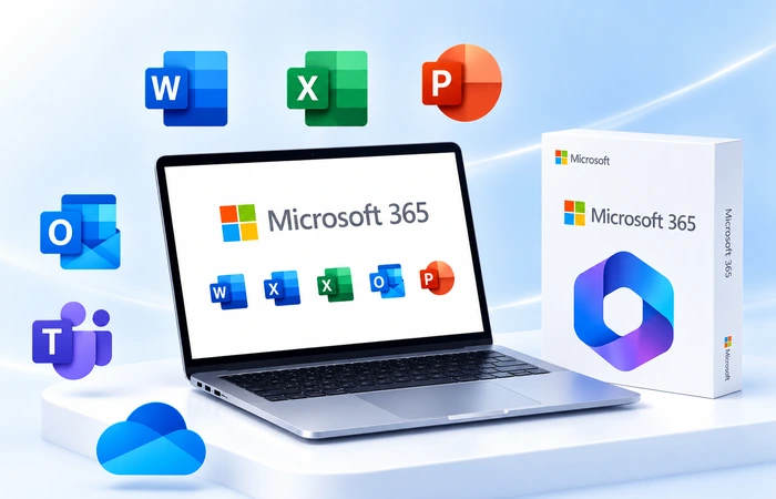 Microsoft 365 bản quyền với các ứng dụng Word, Excel, PowerPoint, Outlook, Teams và OneDrive trên laptop.