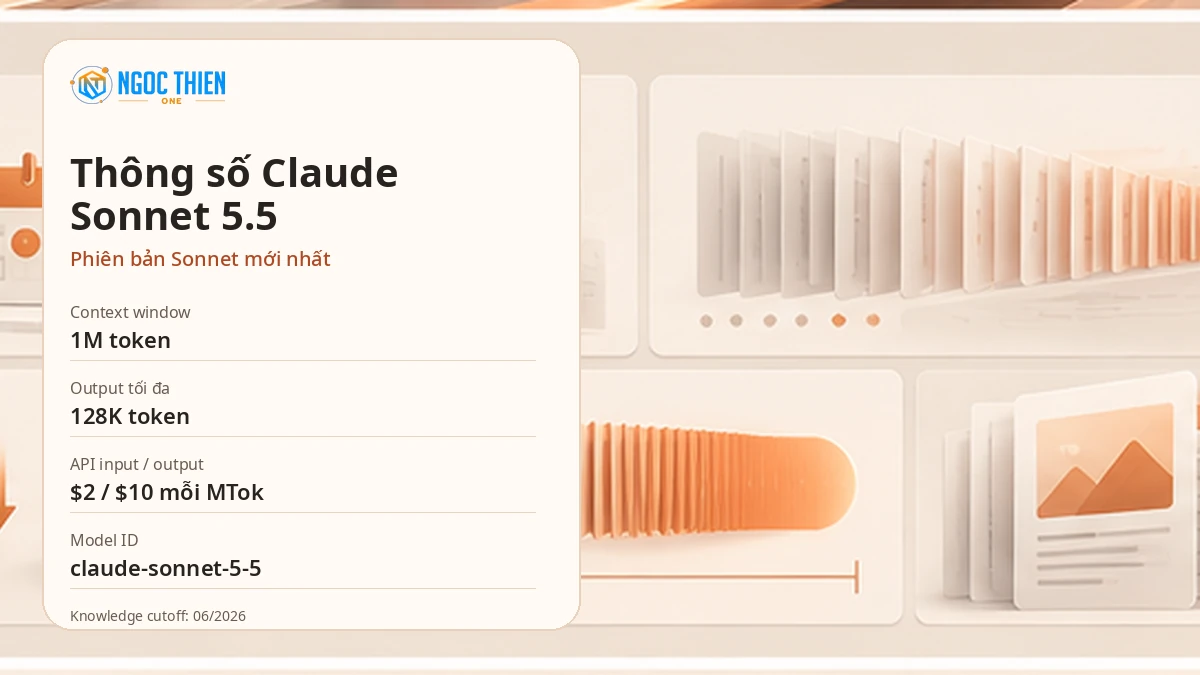 Thông số Claude Sonnet 5.5 gồm context 1M token, output 128K và giá API 2 USD input, 10 USD output mỗi triệu token