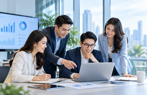 Phần mềm bản quyền - Đội ngũ doanh nghiệp cùng trao đổi và phân tích dữ liệu trong văn phòng hiện đại.