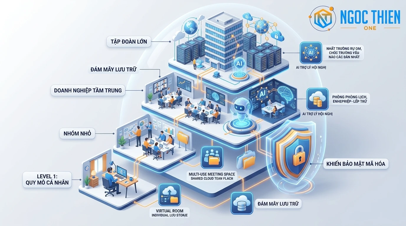 Sơ đồ cấu trúc các gói Zoom Workplace từ Basic, Pro đến Business và Enterprise